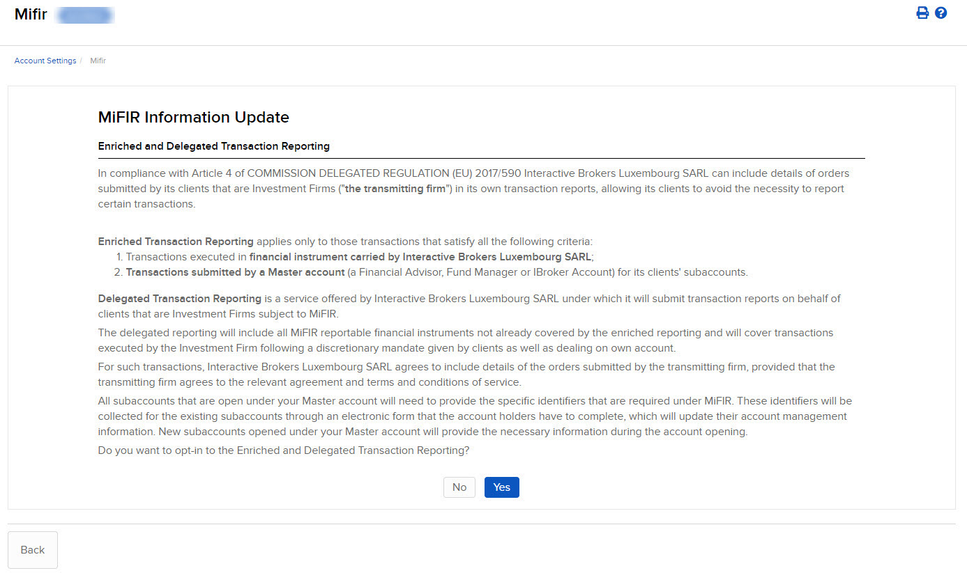 The MiFIR information update opt-in portal. 